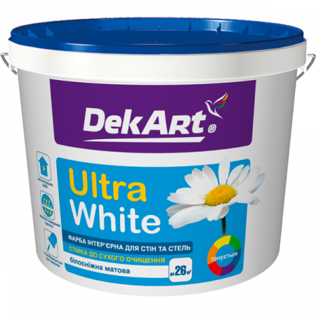 Фарба інтер'єрна для стін та стель ВДА "Ultra White", біла матова, ТМ "DekArt" -12,6 кг